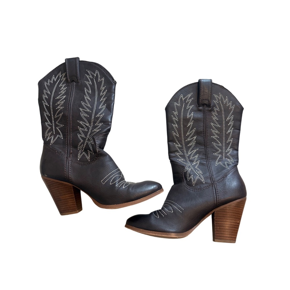 Miranda Lambert‎ Brown Cowboy Boots Sz 7.5 White Stitch 3.5" Heel - Pre-Owned